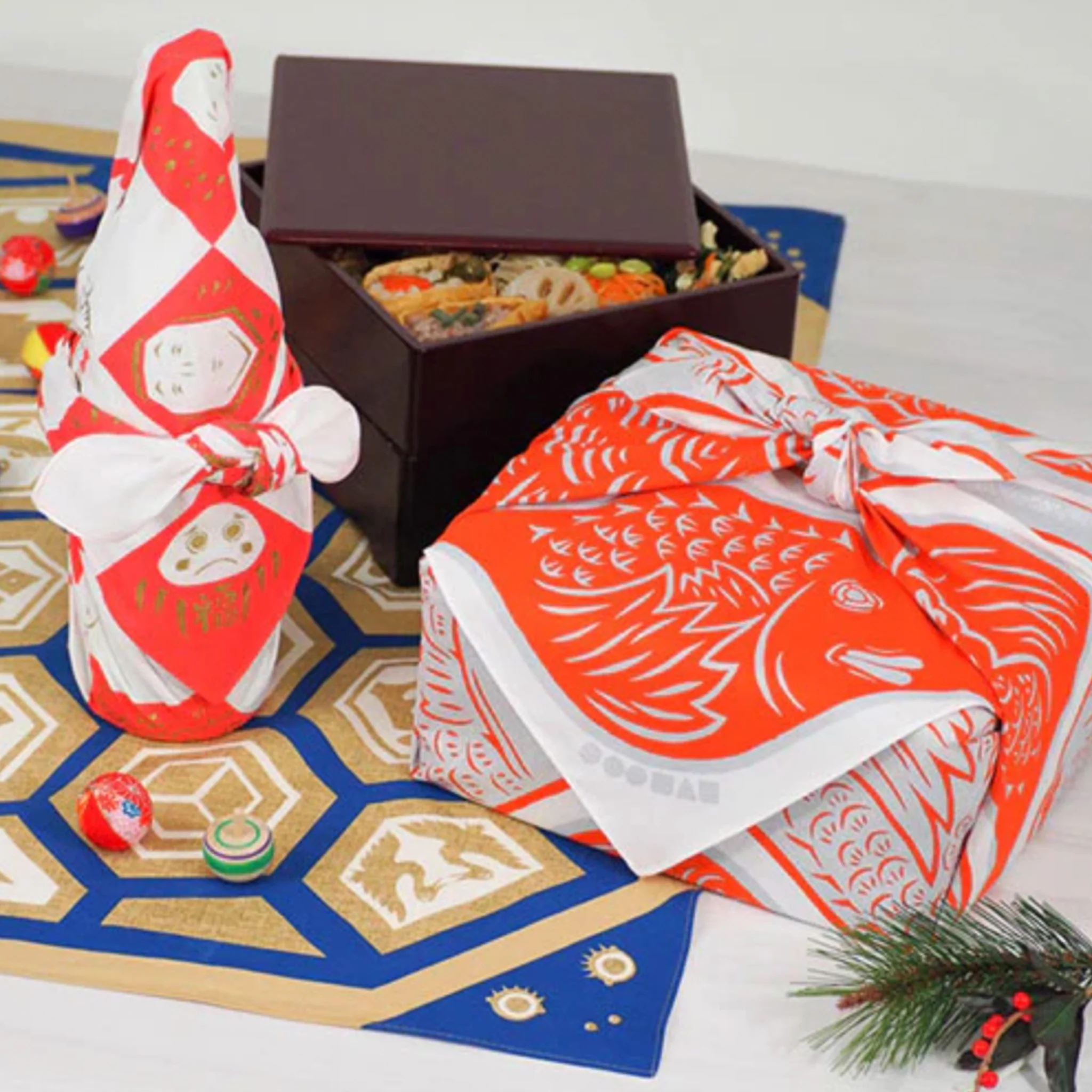Furoshiki Cotton Wrap-  Cochae Collab Lucky Cat & Daruma 70x70cm - Image 3