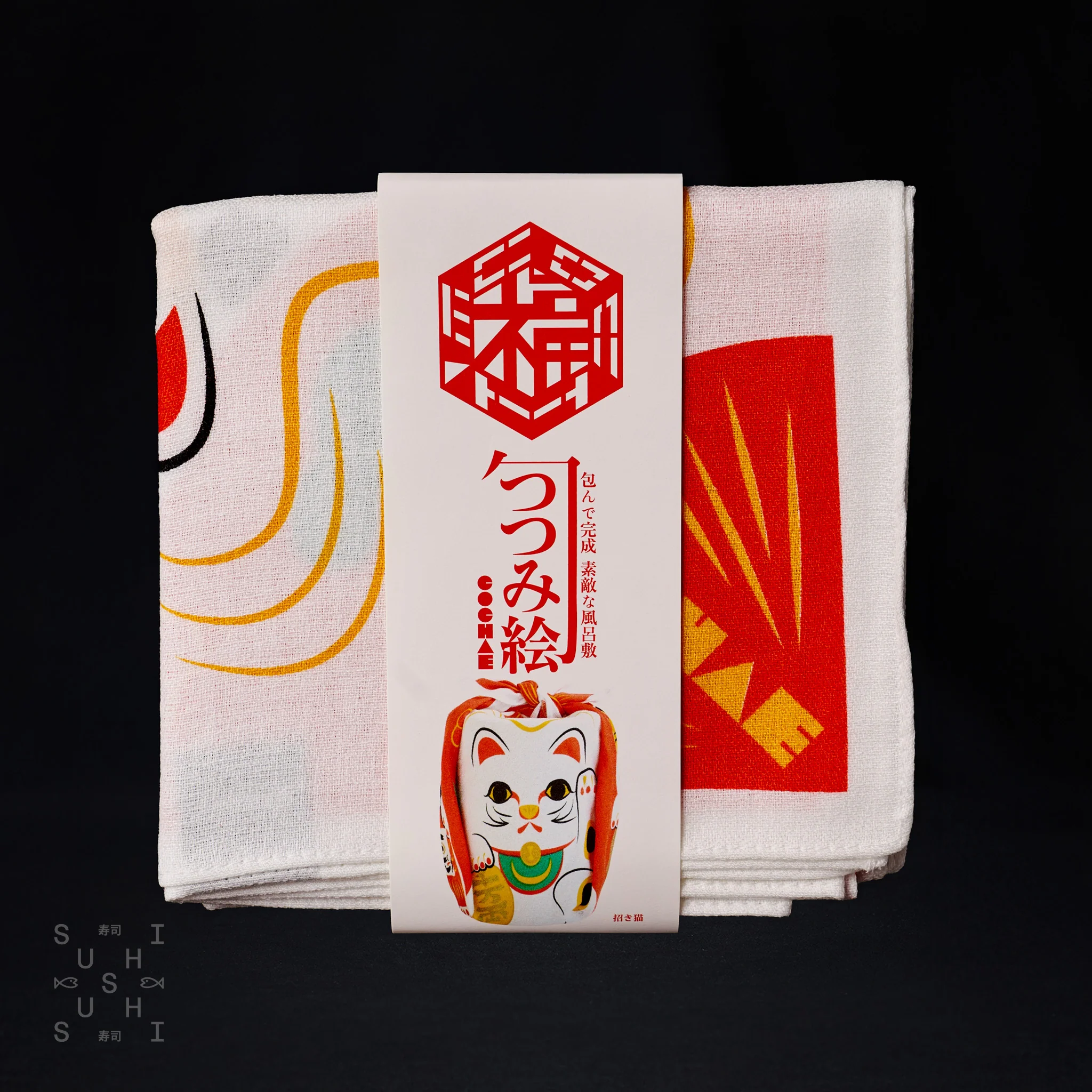 Furoshiki Cotton Wrap - Cochae Collab Red Lucky Cat 48x48cm - Image 2