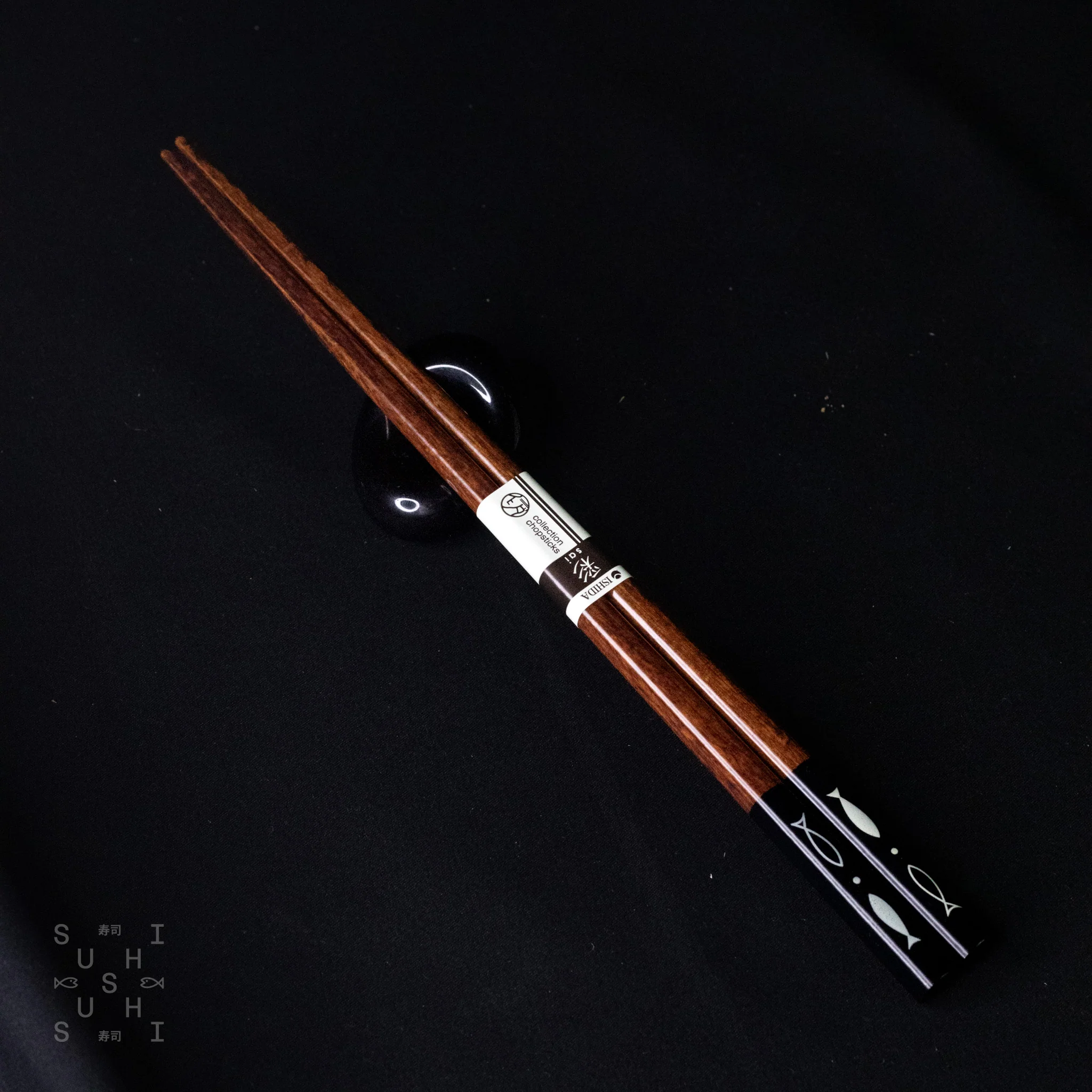 Ishida Wooden Chopsticks Partially Black w/Fish Design 230mm